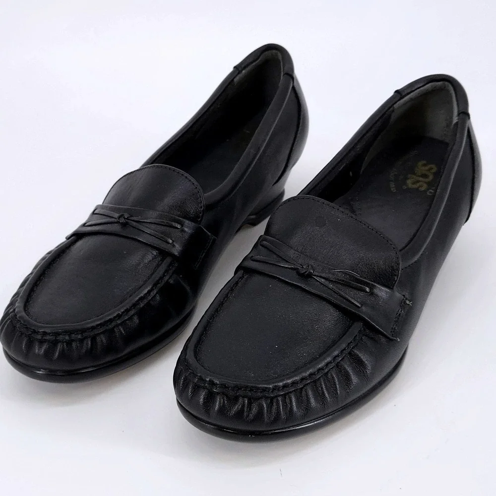 SAS Bounce Black Leather Wedge Loafer Moc Toe Slip On Comfort Shoes 9.5 M